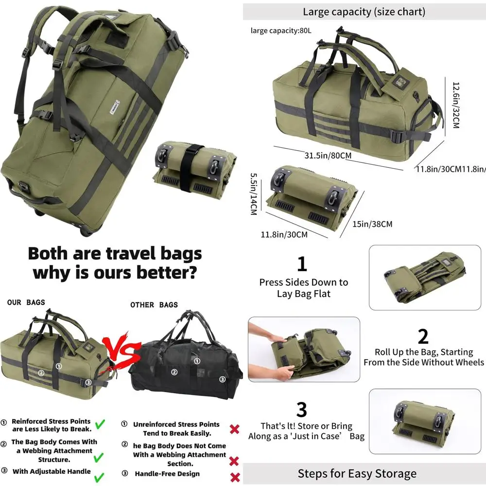 

Большая дорожная сумка на колесах объемом 80 л с регулируемой ручкой (зеленая)