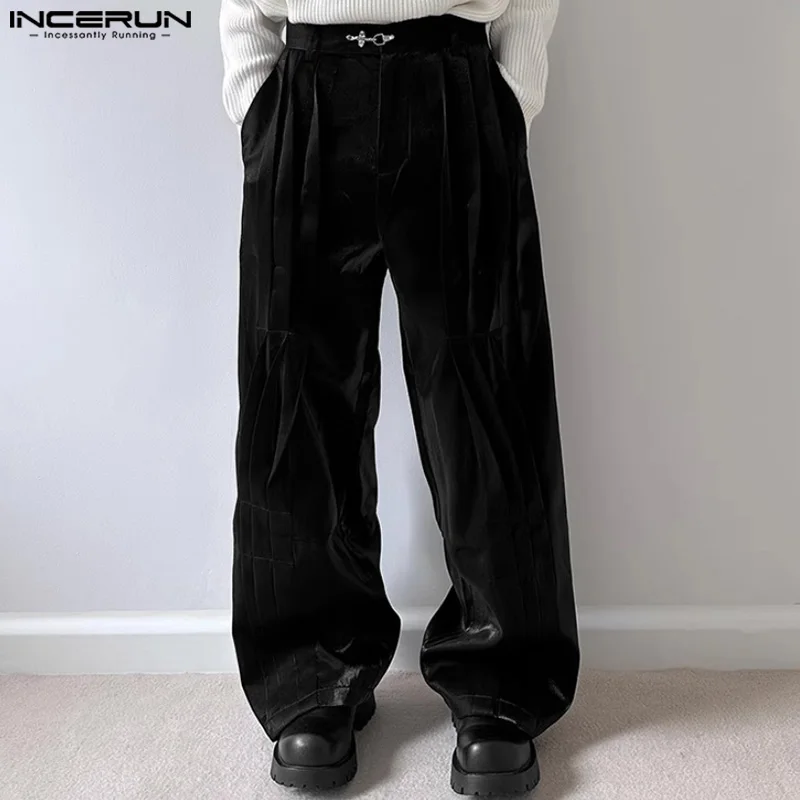 INCERUN-Pantalones plisados con botones para hombre, ropa de calle informal, holgada, recta, larga, a la moda, S-5XL, 2024