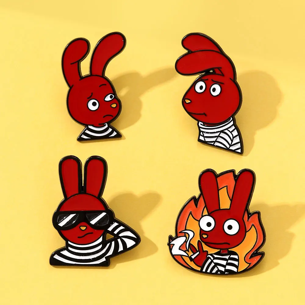 Anime Prison Red Rabbit Metal Brooch Lapel Pins Cigarette Flame Angry Sunglasses CACA JUNTA Cartoon Animal Rabbit Badge Jewelry