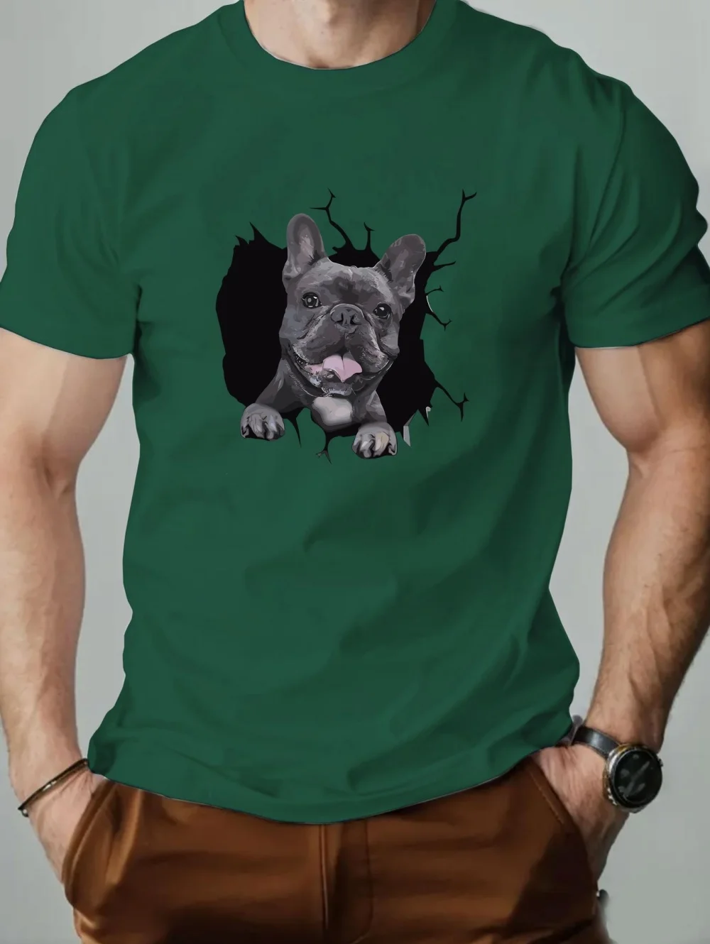 Cute Men's Ripped Puppy Pattern T-Shirt Summer Casual Round Neck Simple Short Sleeve Dog Lovers Casual Quick-Drying Man Clothing