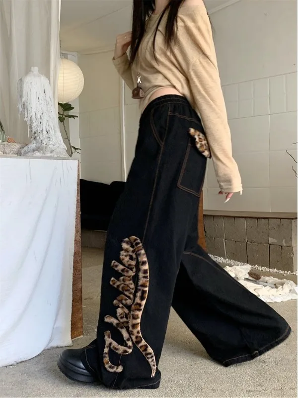 

Женские джинсы с леопардовым принтом и пэчворком, с высокой талией, широкими штанинами, свободного кроя, весна 2026, новые, винтажные, с эффектом потертости