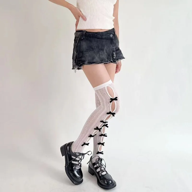 Gorgeous Lolita Hollow Bow Knee High Long Socks Retro Slimming Sweet Cool Hottie JK Favorite Hole Fishnet Gothic Lace Stockings