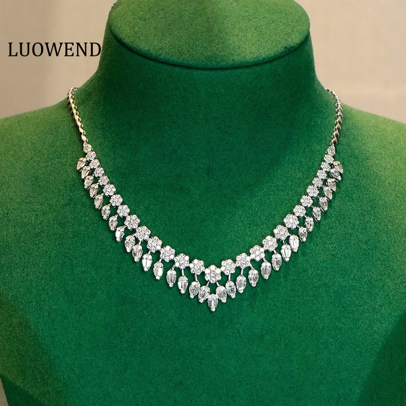 LUOWEND 100% 18K White Gold Necklace Luxury Design 8.20carat Real Natural Diamond Necklace for Women Senior Banquet Fine Jewelry