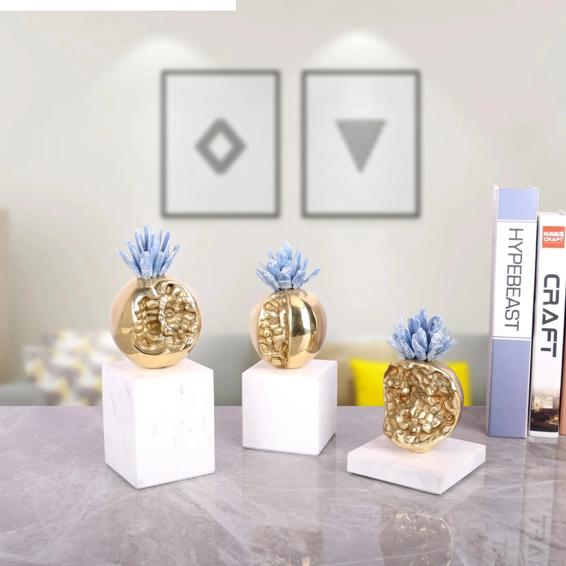Metallic Pomegranate Crystal Sculpture Marble Ornament Blue Gold Metal Figurine Room Decoration Accessories