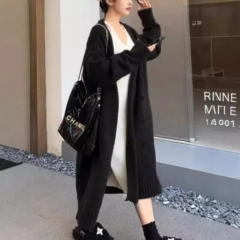 Długi Płaszcz Dzianinowy, Dekolt V, Ukośne Guziki, Temperament, Kardigan Pod Sweter, Damski Luźny Zimowy 2025