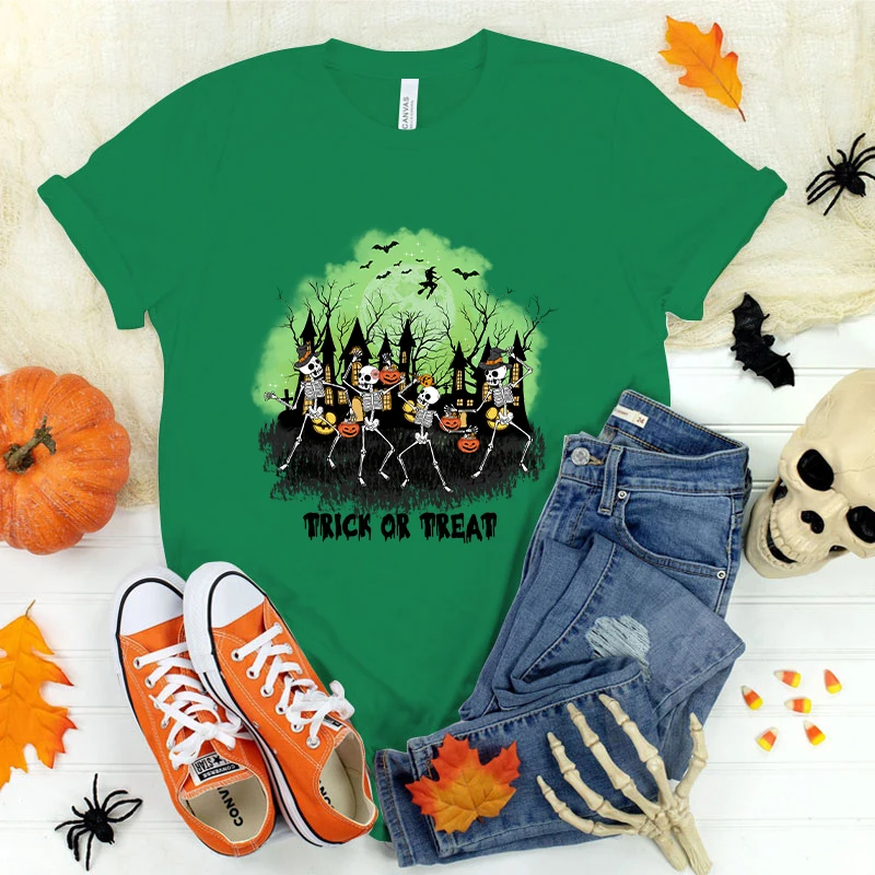 (Premium T-shirt)Women'S Fashion Halloween Skeleton Trick Or Treat T Shirt Short Sleeve Shirt