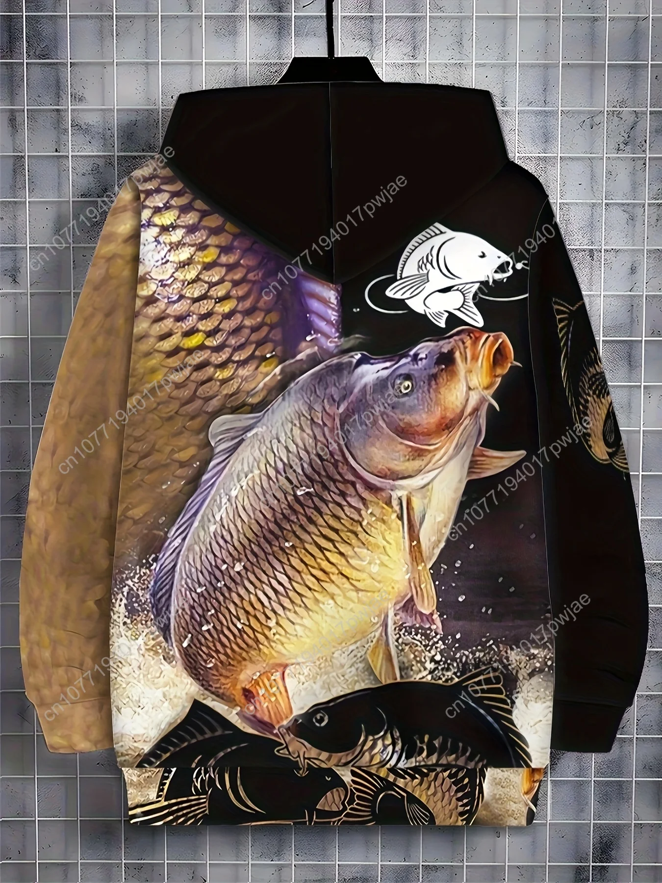 Giacca con cappuccio con zip e stampa termica da pesca da uomo / Cappotto caldo invernale a maniche lunghe con design a squame di pesce / Casual all'aperto durevole