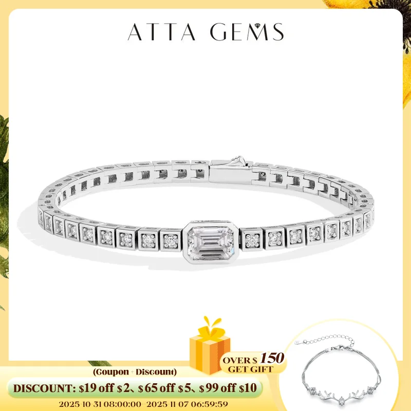 

ATTAGEMS Asscher 8*6mm D VVS1 Full Moissanite Tennis Bracelet For Women Man 925 Sterling Silver Gold Plated Wedding Jewelry Gift