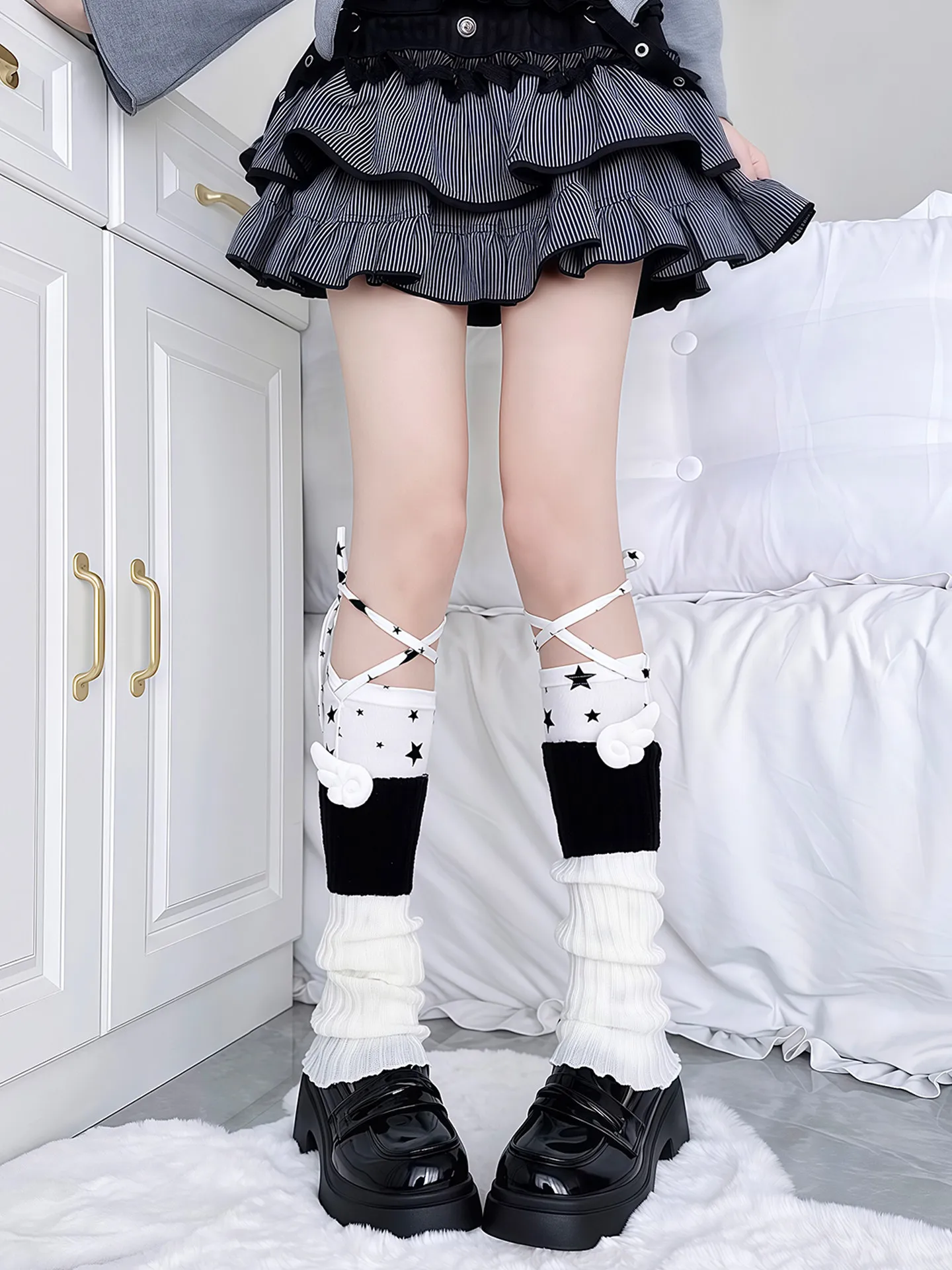 Handmade Y2k Color Matching Wing Leg Covers for Women Star Straps Socks Subculture Autumn and Winter Gray Calf Socks Leg Warmers