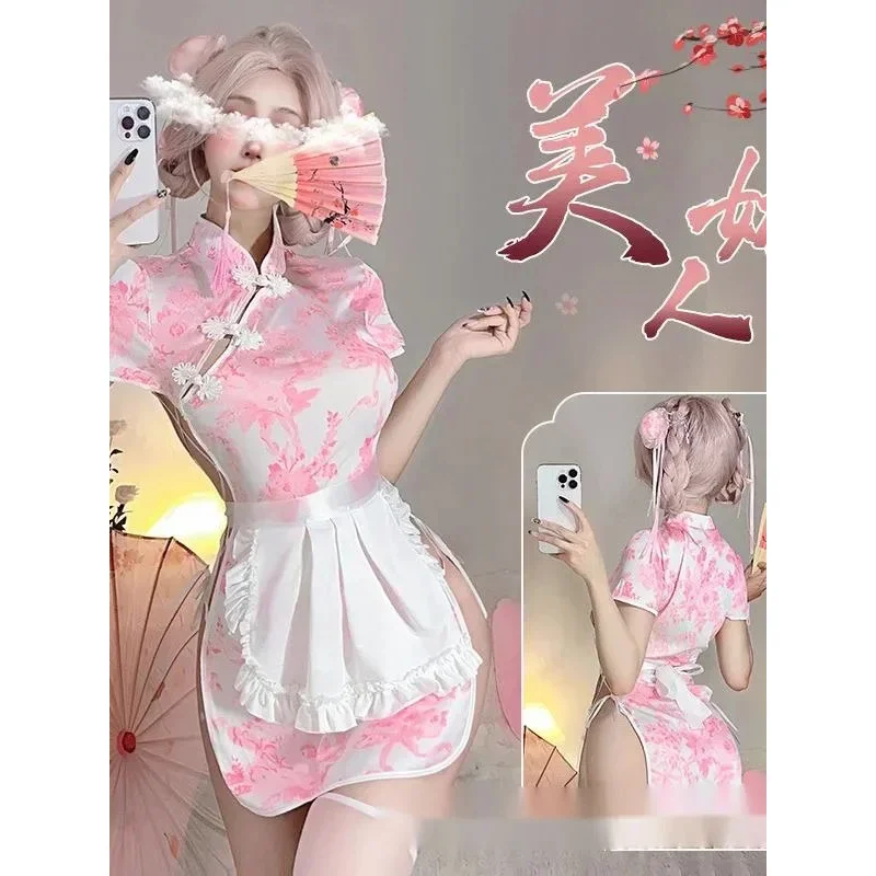 SN88 Summer New Simple Chinese Soft Girl Lolita Maid Fartuch New Chinese Style Cheongsam Printing Dress Female Comfort Trendy Dres