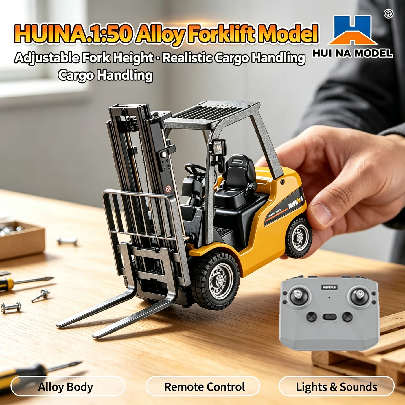 HUINA 1/50 RC Forklift 2.4G 12 CH Remote Control Tractor Engineering Vehicle Truck Radio Controlled Trailer Toys for Kids Gifts