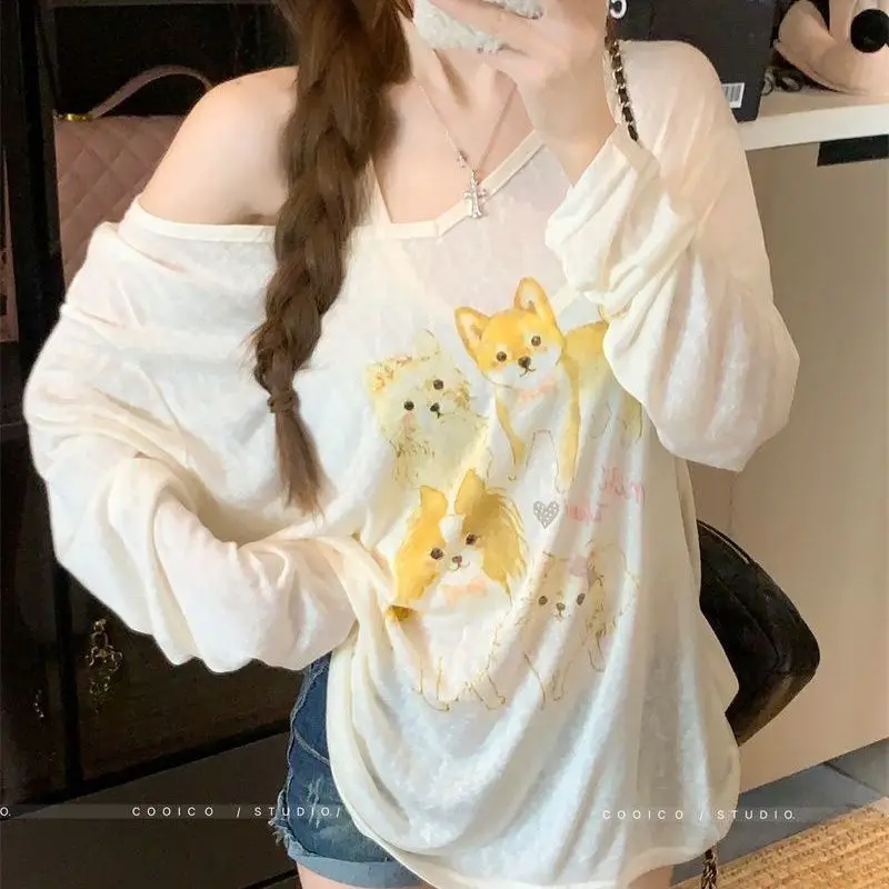 

Puppy Print Off shoulder Long-sleeved T-shirt Women's Summer Loose Sunscreen Cover-up Top Two-piece Set