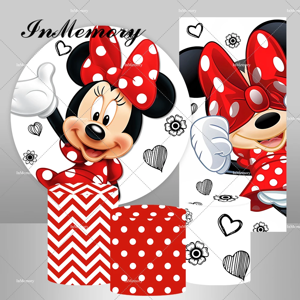 

Cartoon Minnie Mouse Red Round Backdrop Girls Birthday Party Decoration Baby Shower Circle and Cylinder Covers Photo Background