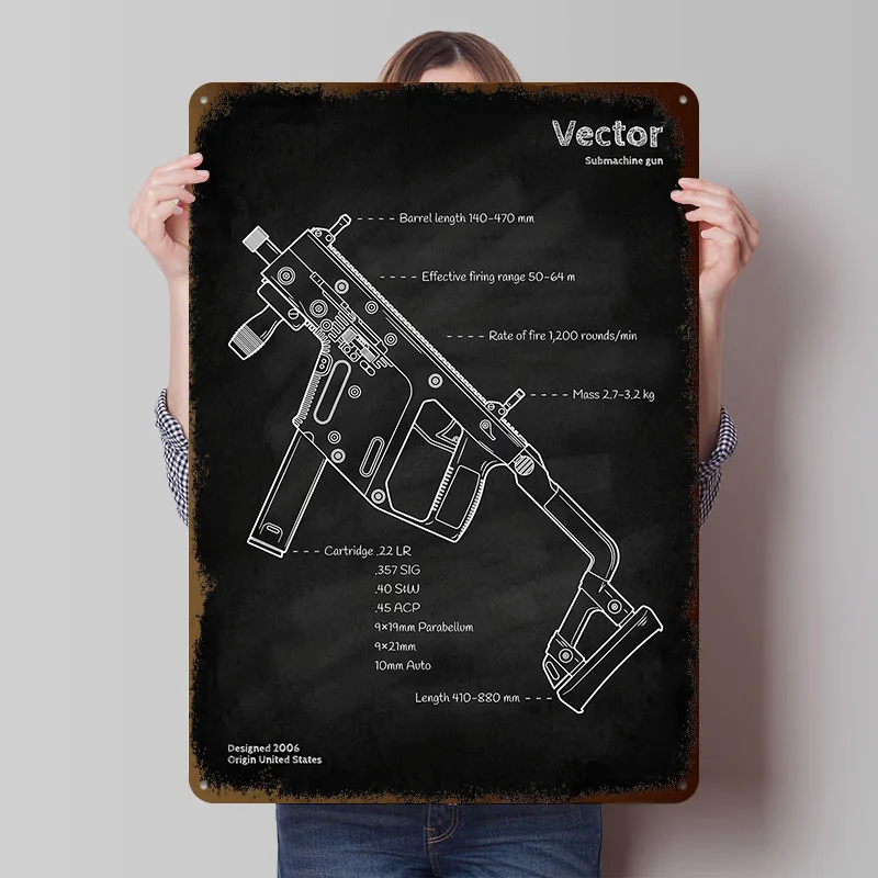 Vector Submachine Gun Blueprint Metal Poster Customized Wall Art Retro Vintage Metal Signs for Man Cave Bathroom Decor Room Home