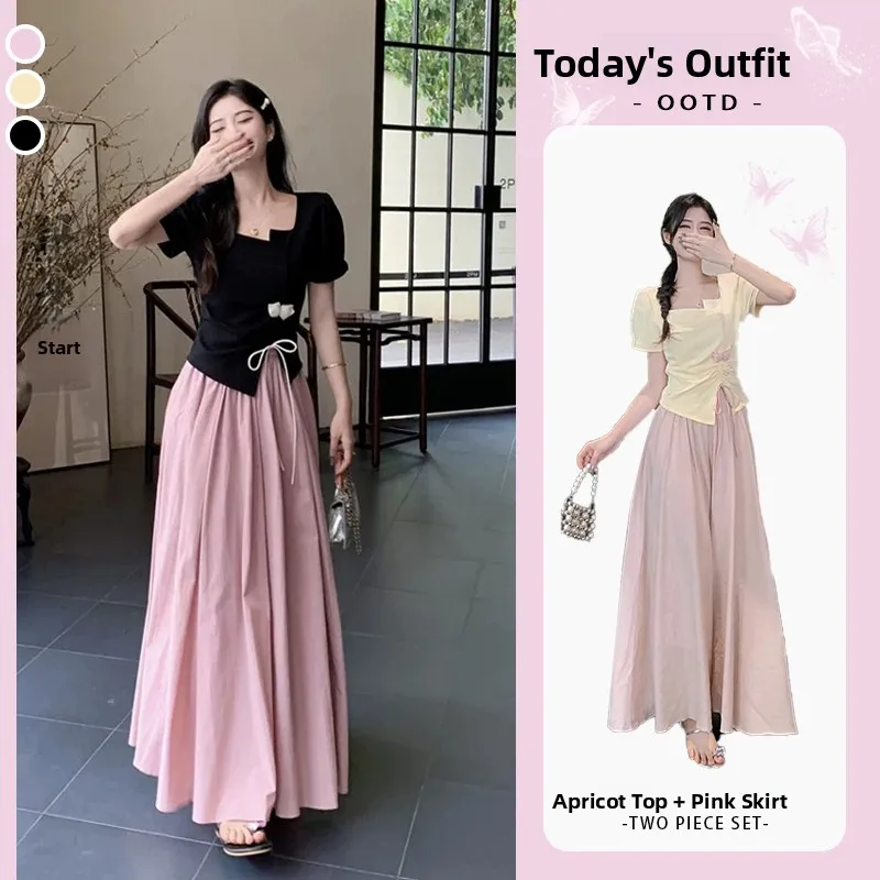 

Sweet T-Shirt Top with Drawstring Knot And High Waist Wide Leg Pants Women's Fashion Outfit Set Irregular Design