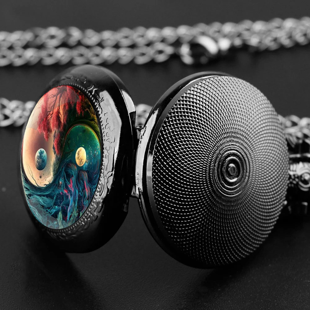 YinYang Orologio da tasca al quarzo nero con cupola in vetro con quadrante con numeri arabi e catena resistente, regalo per uomini e donne