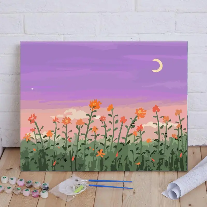 DIY Paint By Numbers Beautiful Grassland and Moon Digital Oil Painting for Adults and Kids Dreamy Landscape Art Decoration