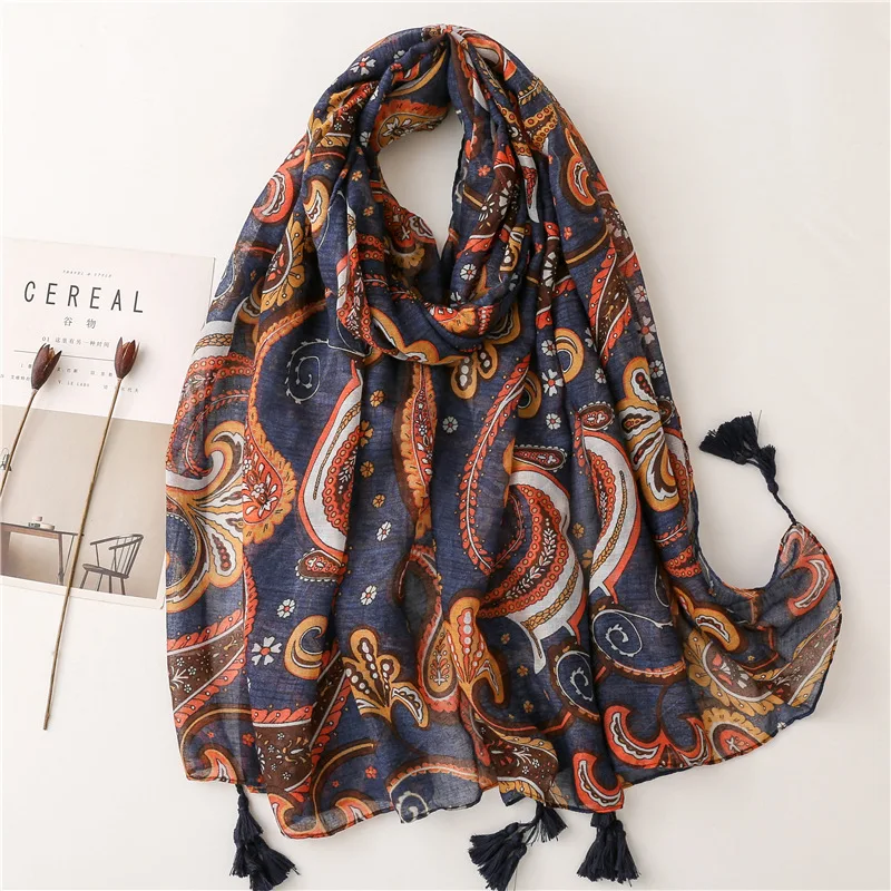 Bohemia Paisley Women's Scarf Cotton Linen Feeling Scarves Shawl Warm Gauze Muslim Hijab Sun Protection Wraps Tassel Lady Luxury