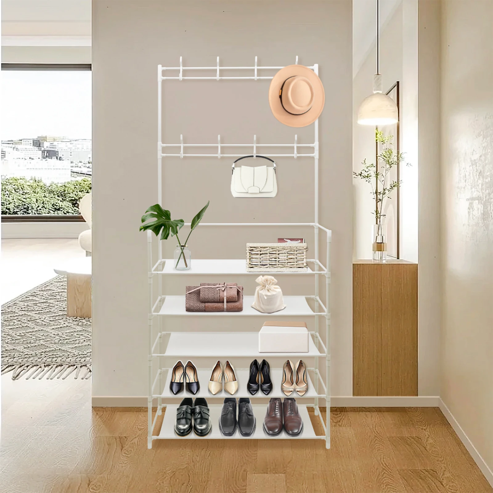 

Coat Rack Coat Rack Stand with 8 Removable Hooks 5 Storage Shelves Modern Industrial Style Coat Tree for Entryway Hallway