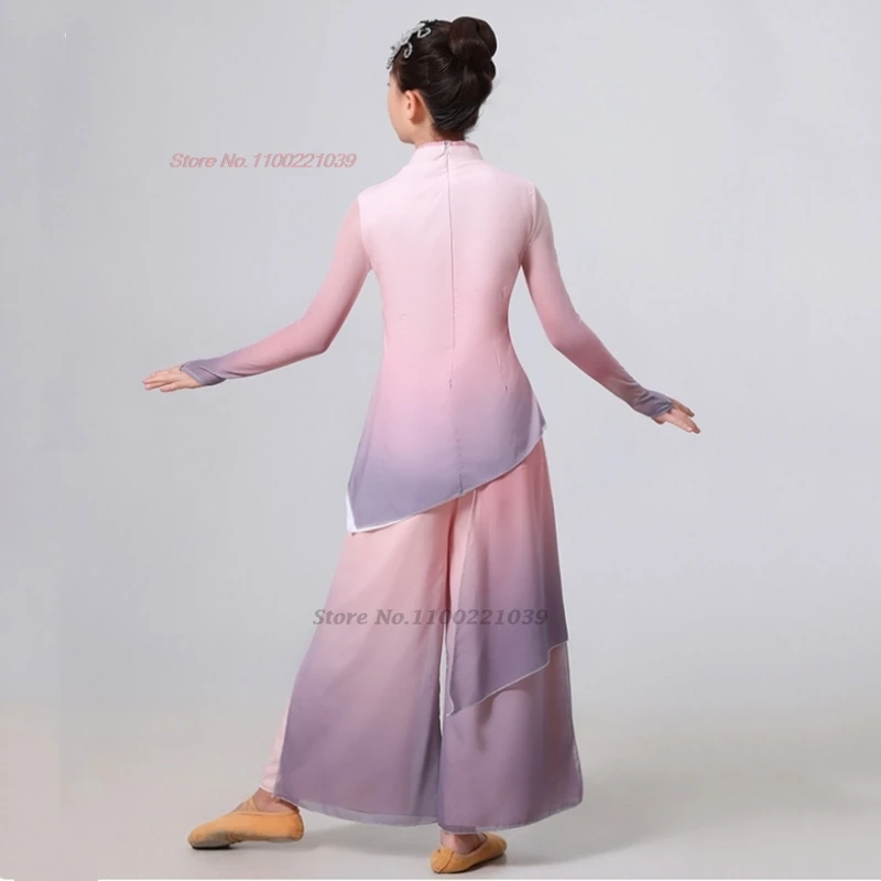 2025年伝統的な中国の子供たちのダンス衣装、花の刺繍グラデーションカラーメッシュ漢服トップス+パンツステージパフォーマンスドレス