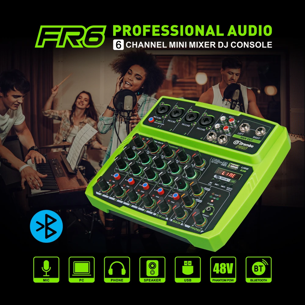 Versatile FR6 Mixer With Sound Card. Easy To Carry, Operates With USB Or AC/DC Adapters. Suitable For Home Music Production