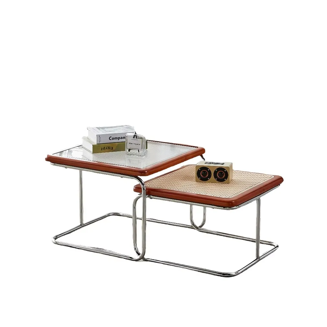 

#@Hot Selling Antique Mobile Side Table Solid Wood Frame Glass Rattan Tabletop Small Coffee Table