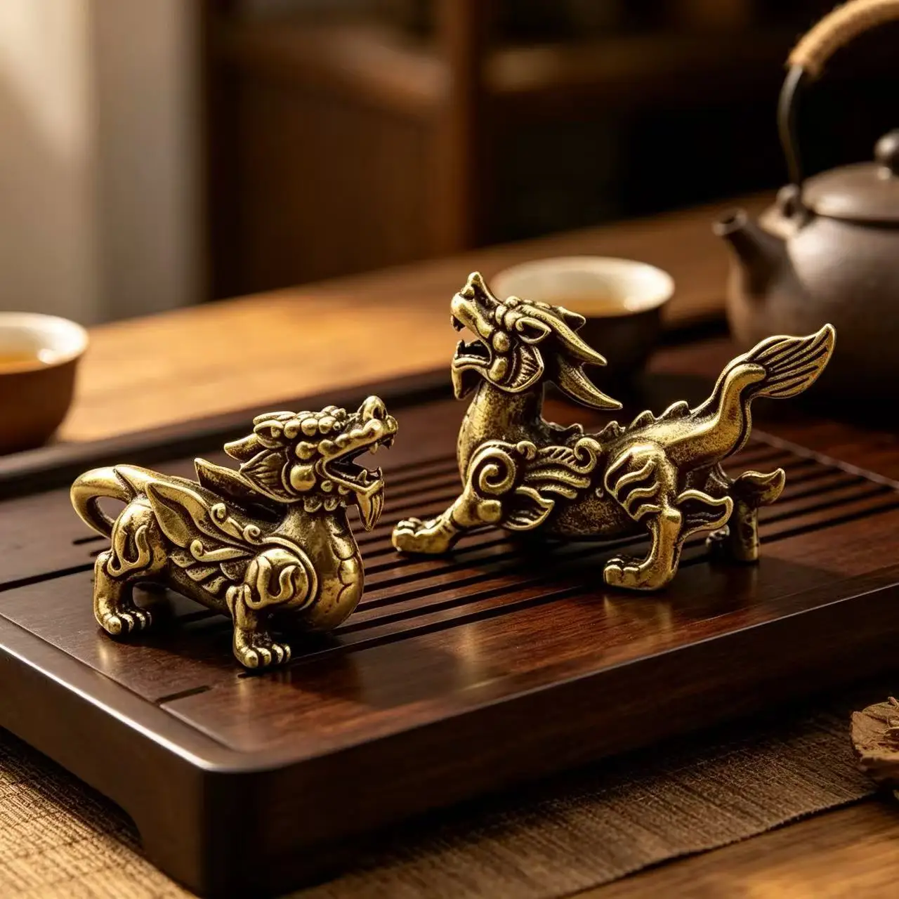 Pair Brass Pixiu Figurines Male Female, Feng Shui Pi Yao Statues Wealth Attraction & Money Protection, Mini Copper Ornament Tea view 2