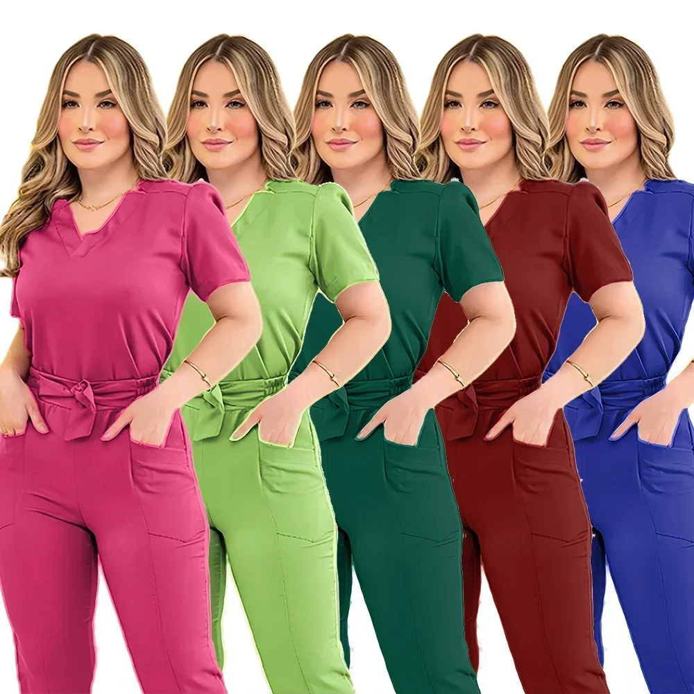 waist bundle Anti Wrinkle Scrub Set Clothing Nurses Spa Hospital Uniforms Womens Beauty Salon Spandex Scrubs  Joggers Suits