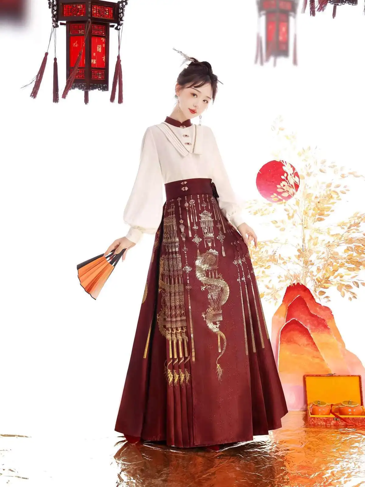 

New Chinese Style Hanfu Women Guofeng Improve Ming System Weaving Gold Makeup Flower Red Horse-face Skirt Suit