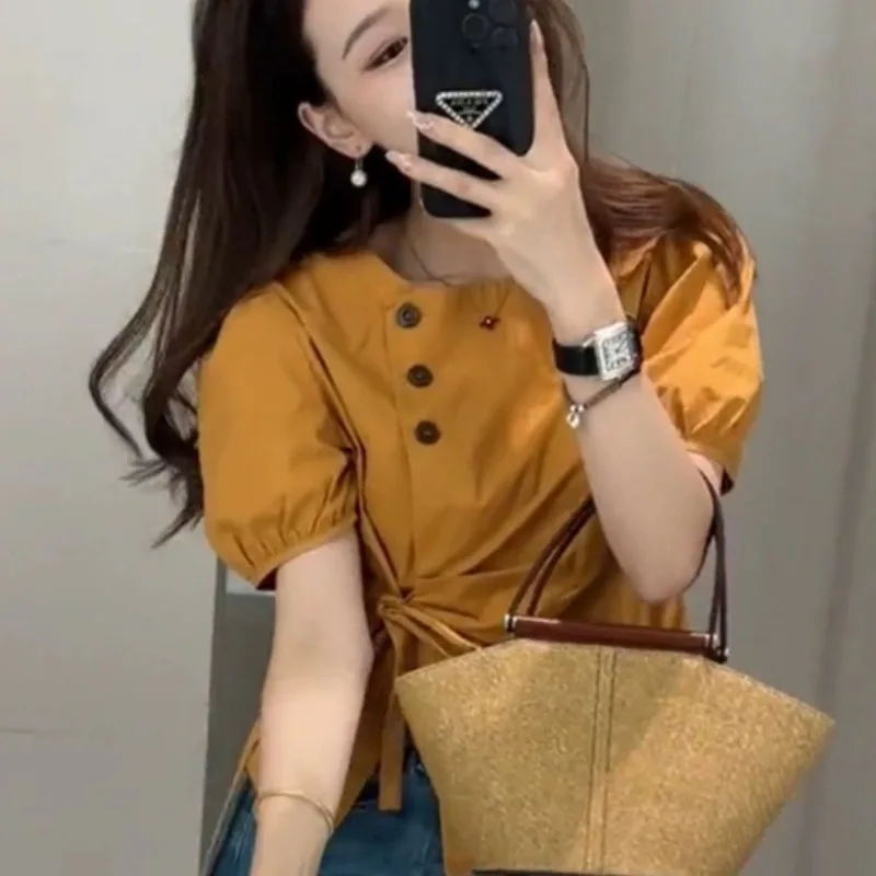 

Women Clothing Summer Fashion Casual Button Solid Color O-neck Women Shirts All-match Drawstring Cotton Short Sleeve Cardigan