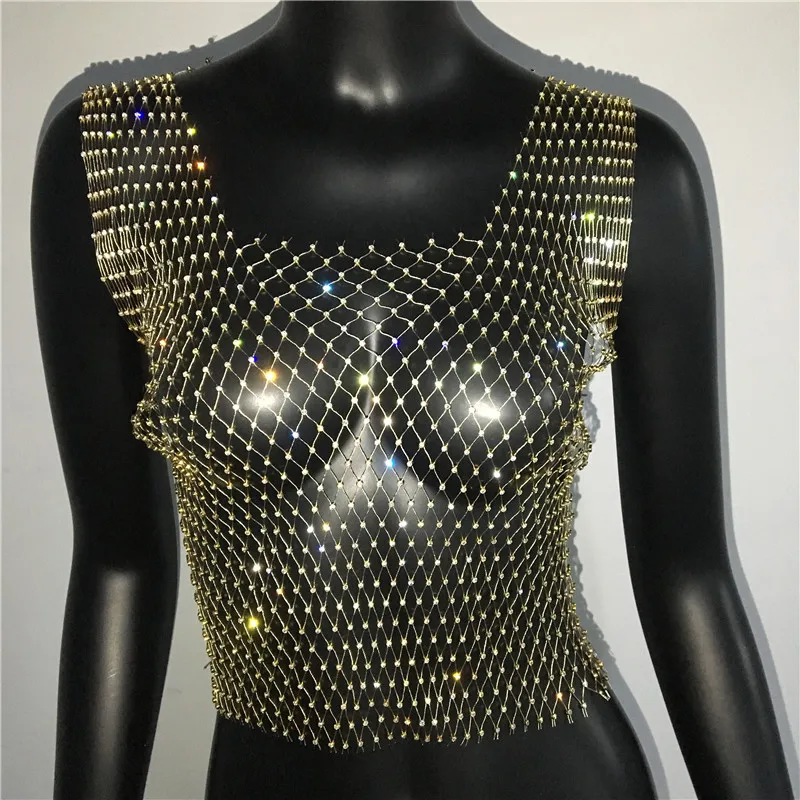y2k Sexy Mesh Crop Tops for Women 2025 Summer Rhinestones Fashion Party See Through Fishnet Tank Hollow Out Backless Top New