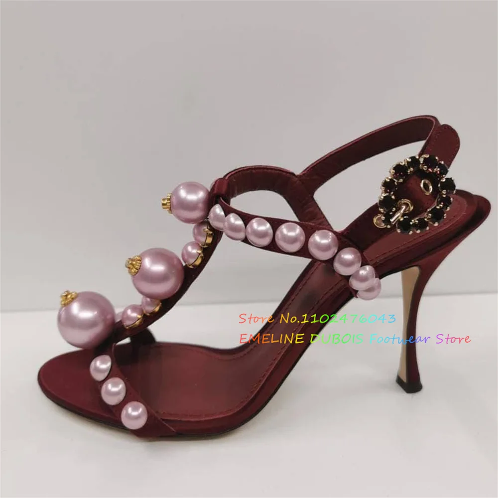 2025 New Round Head Pearl Decor High Heel Sandals Women Stiletto Heel Slingback Crystal Buckle Sexy Banquet Dress Shoes view 5