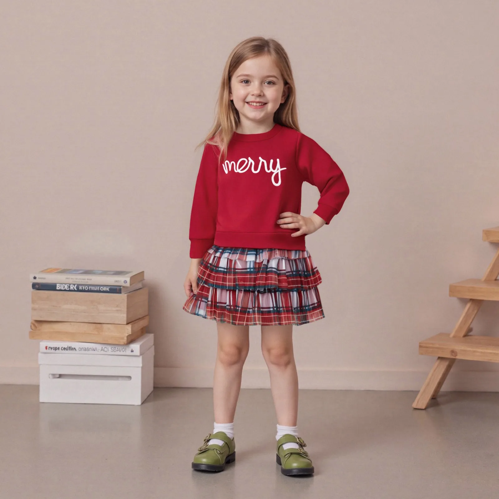 أطفال بنات عيد الميلاد الزي طويلة الأكمام التطريز خطابات البلوز منقوشة تنورة 2 قطعة الزي #4