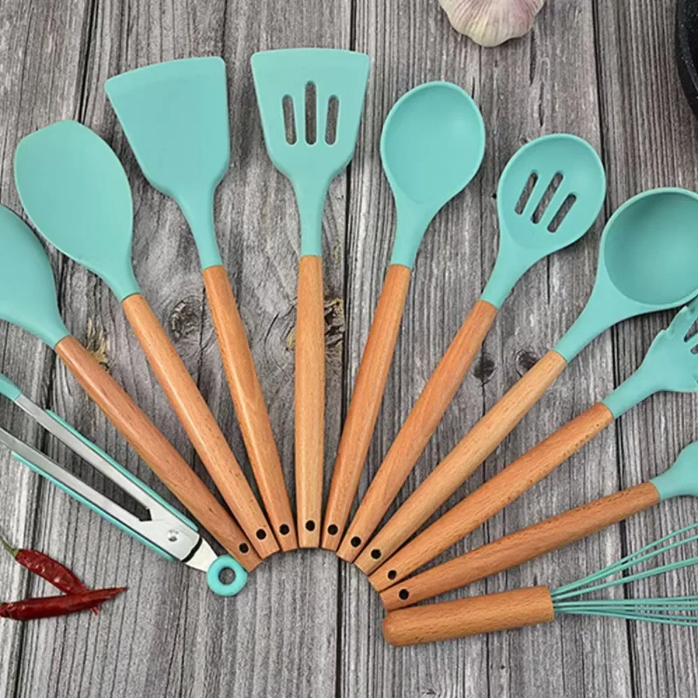 12PC Silicone Non-Stick Cookware Kitchen Utensils Set for Kitchen Wooden Handle Spatula Egg Beaters Kitchenware Accessories