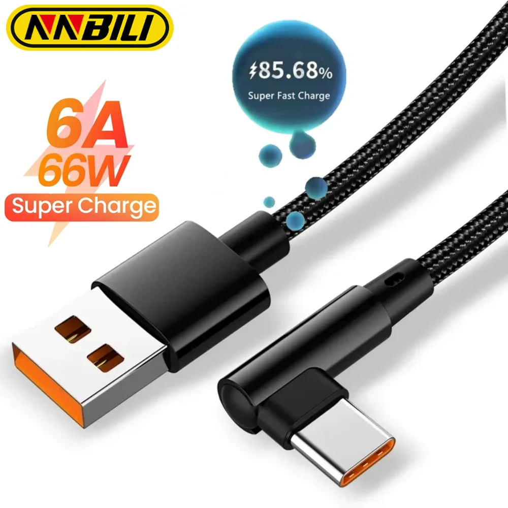 NNBILI 6A 66W Typ-C USB-Ladekabel für Samsung Huawei OPPO VIVO POCO 90-Grad-Winkel Gaming-Ladekabel