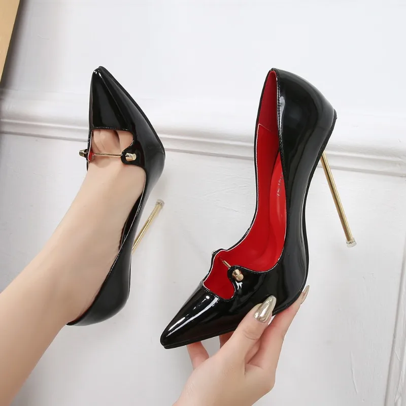 12cm Metal Thin Heel Shallow Mouth Fashion Pointed Pumps PU Leather Solid OL Office Party Ladies Man Neutral Black Dress Shoes