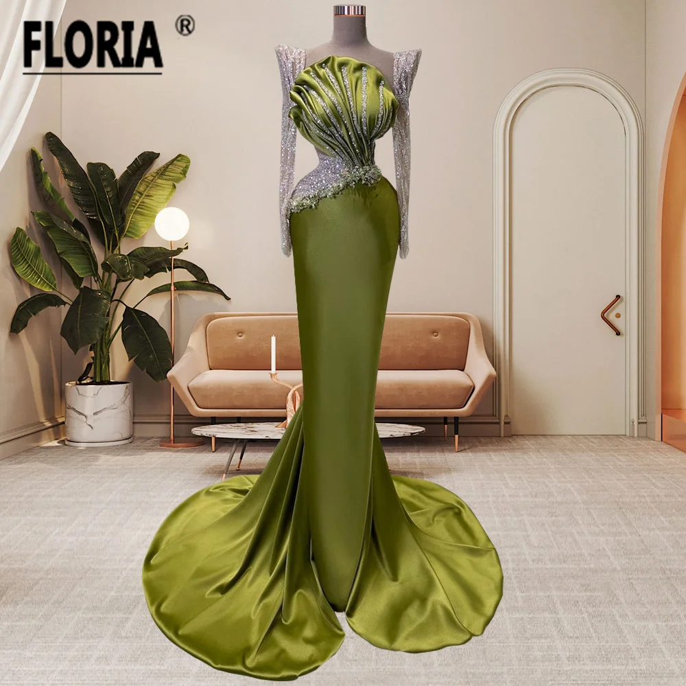 High Quality Green Satin Evening Dress Silver Beadings Crystal Mermaid Formal Occasion Gowns Long Sleeves Prom Dresses Customize