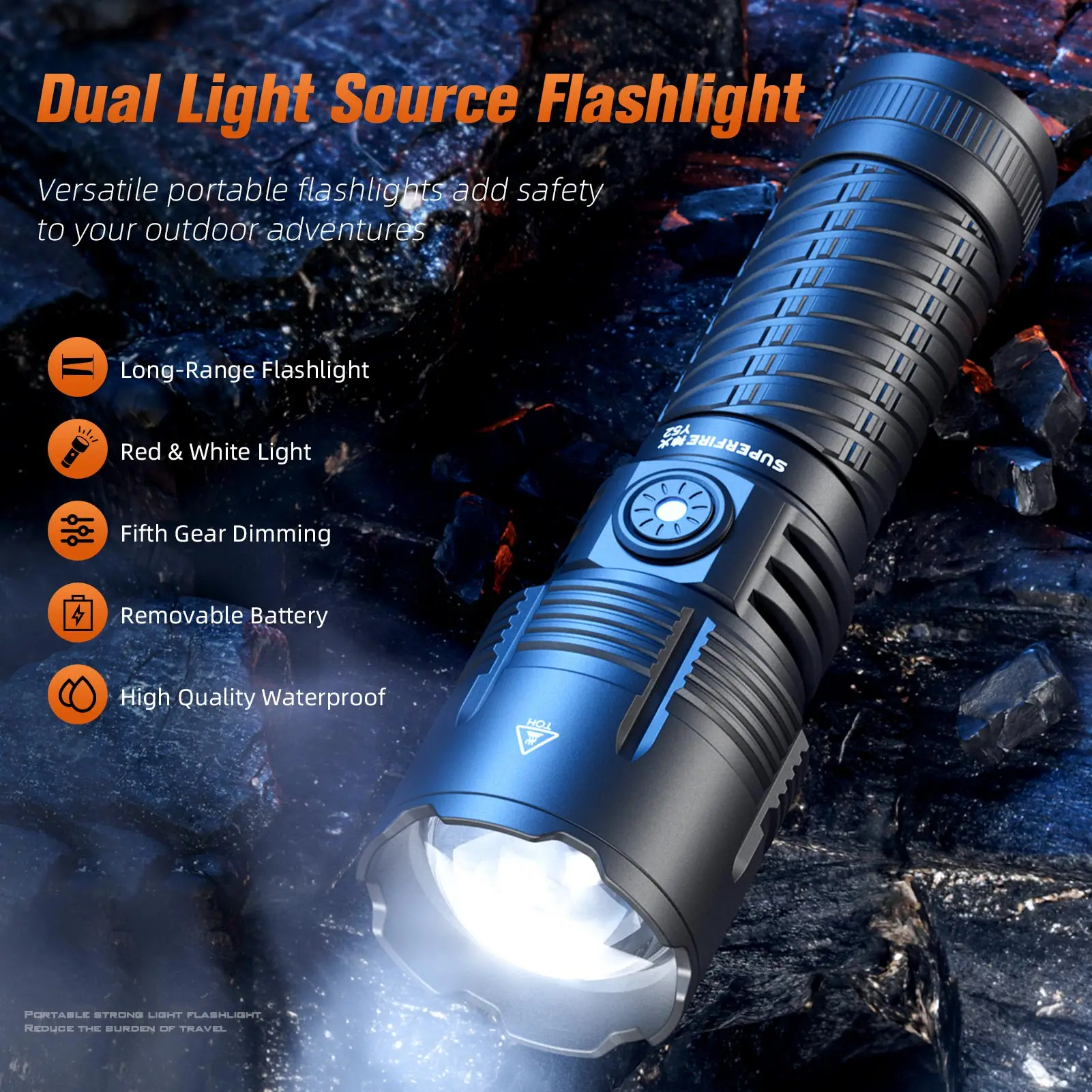 SUPERFIRE Y52 15W Led Flashlight Yellow/White Double Light Zoomable Type C Rechargeable Torch 750M Long Range Camping Lantern