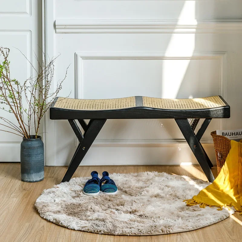 Hand-Woven Solid Wood Bed Stool, Rattan Dining Stool, Entrance Shoe Change Seat, Household Woven Chair for Doorside.