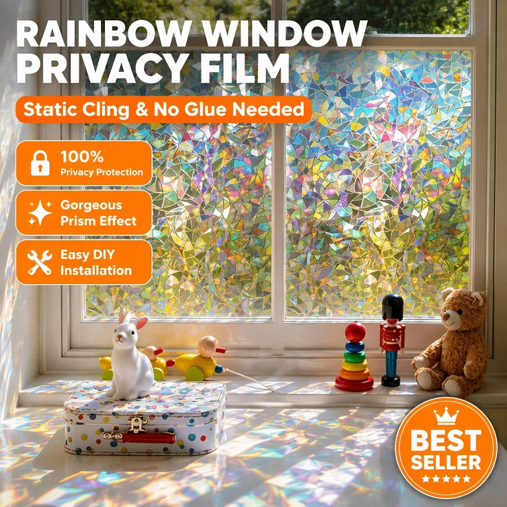 3D Rainbow Privacy Window Film Roll Frosted Static Cling Anti Scratch UV Block Heat Block for Bathroom Home Window