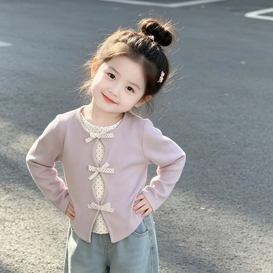 New Autumn Children Fake Two Piece Long Sleeve T-shirt Baby Girl Polka Dot Bow Cutout Front Base Top Kid Clothes Soft Undershirt