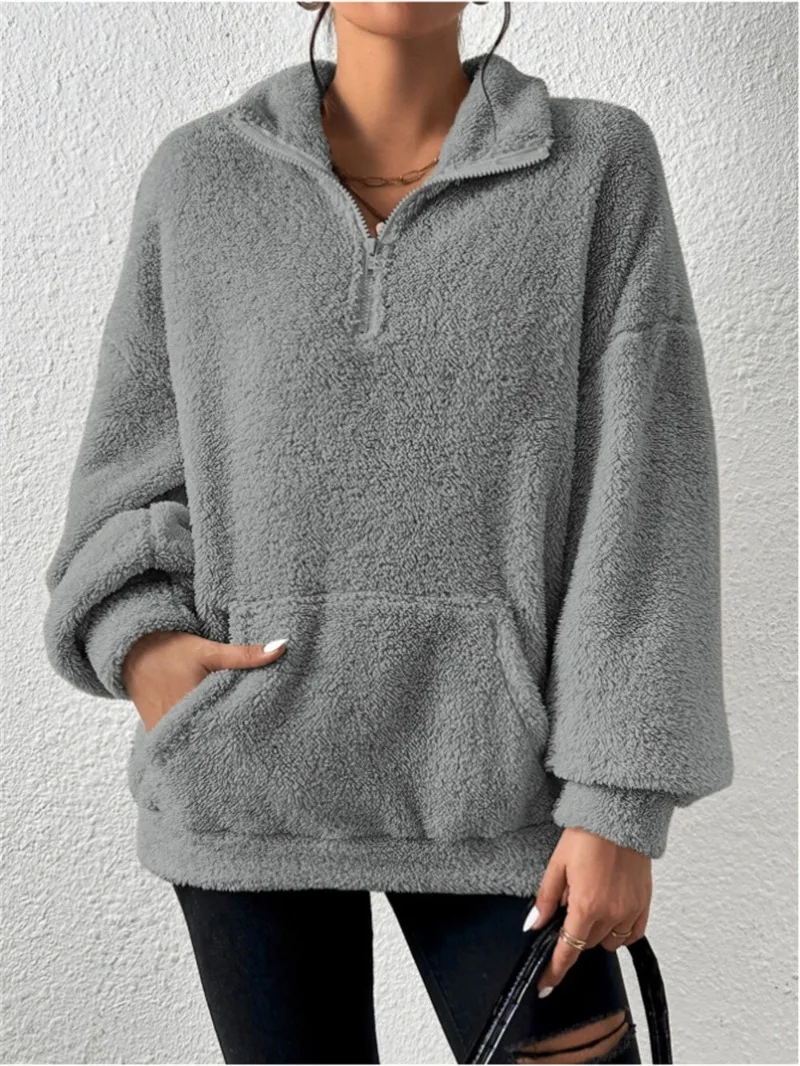 2026 Autumn Winter New Plush Thick Women's Stand Up Collar Half Zipper Pullover Fashion Casual Loose Large Pocket Sweatshirt