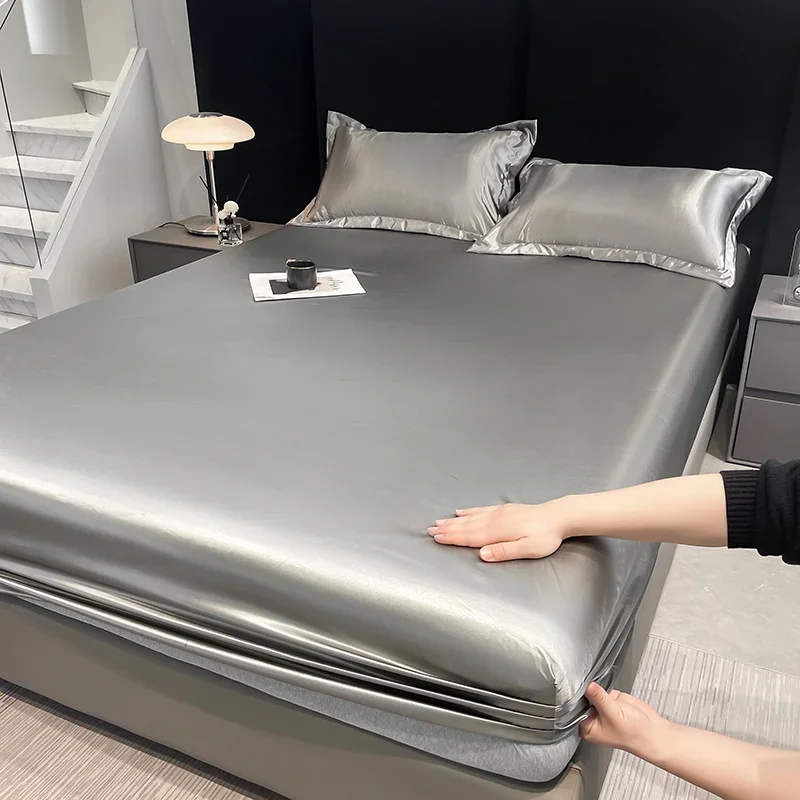 Satin Waterproof Fitted Sheet Silky Solid Color Bed Sheet Breathable Elastic Band Sheets Smooth Bedsheet Mattress Cover