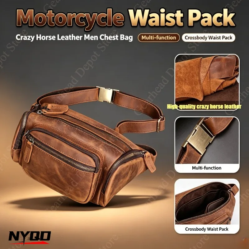 Genuine Crazy Horse Leather Men Chest Bag Vintage Full Grain Leather Crossbody Waist Pack Multi-function Motorcycle Phone Bag
