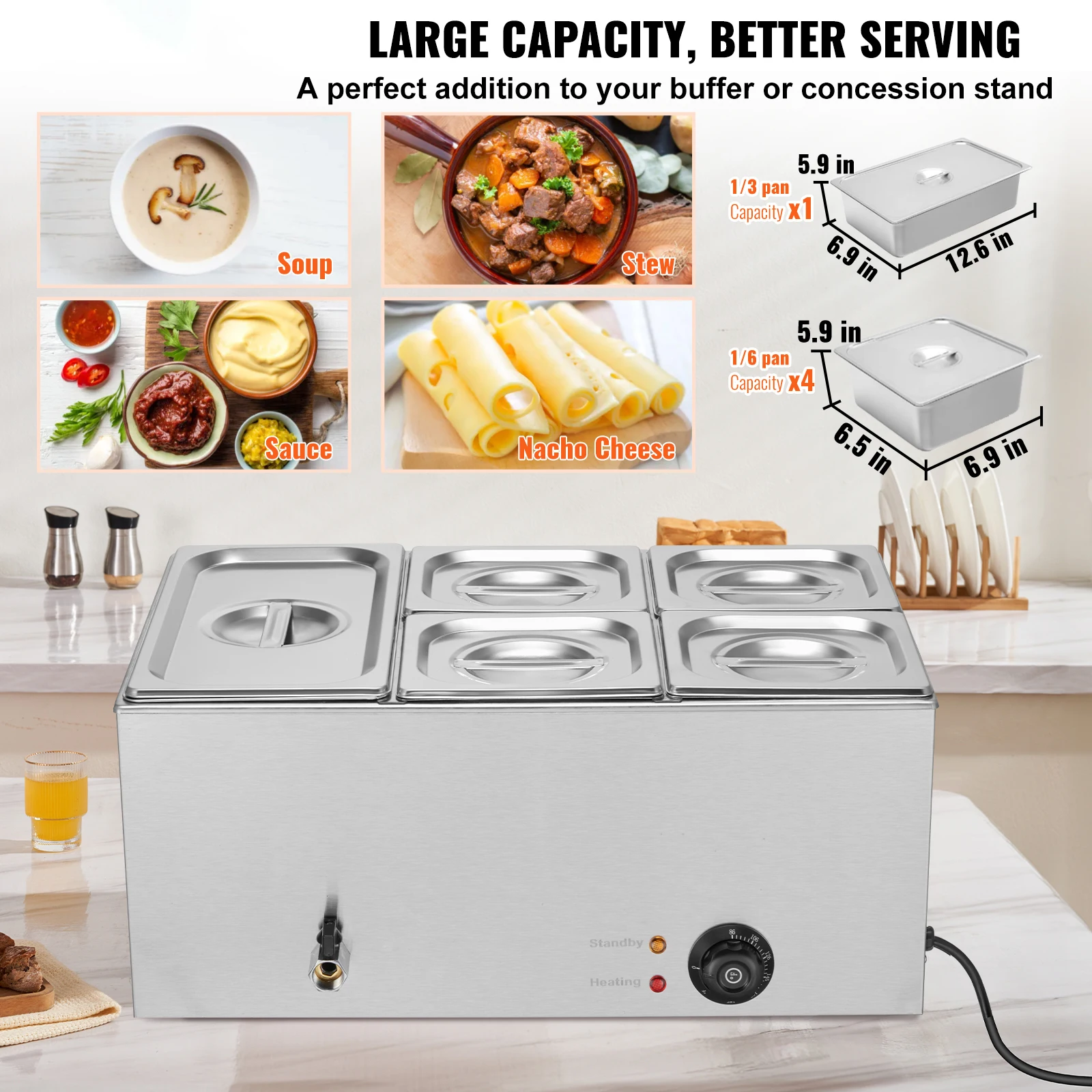 SucceBuy 24QT 5-Pan Commercial Food Warmer Electric Steam Table 1200W Professional Countertop Stainless Steel Buffet Bain Marie