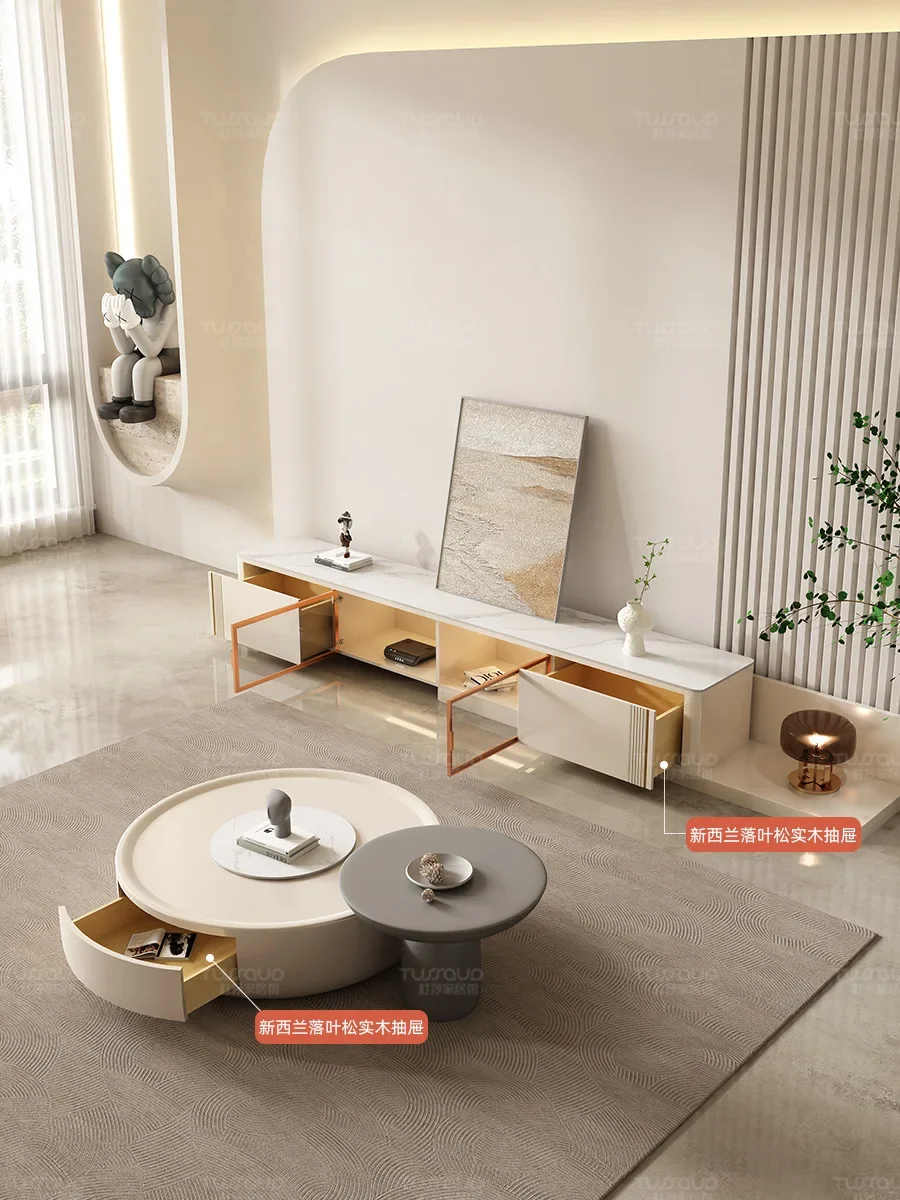 طاولة قهوة بسيطة لغرفة المعيشة المنزلية على طراز وابي سابي، تصميم شبكي باللون الأحمر الكريمي، حجم طاولة قهوة مستديرة، مجموعة خزانة تلفزيون