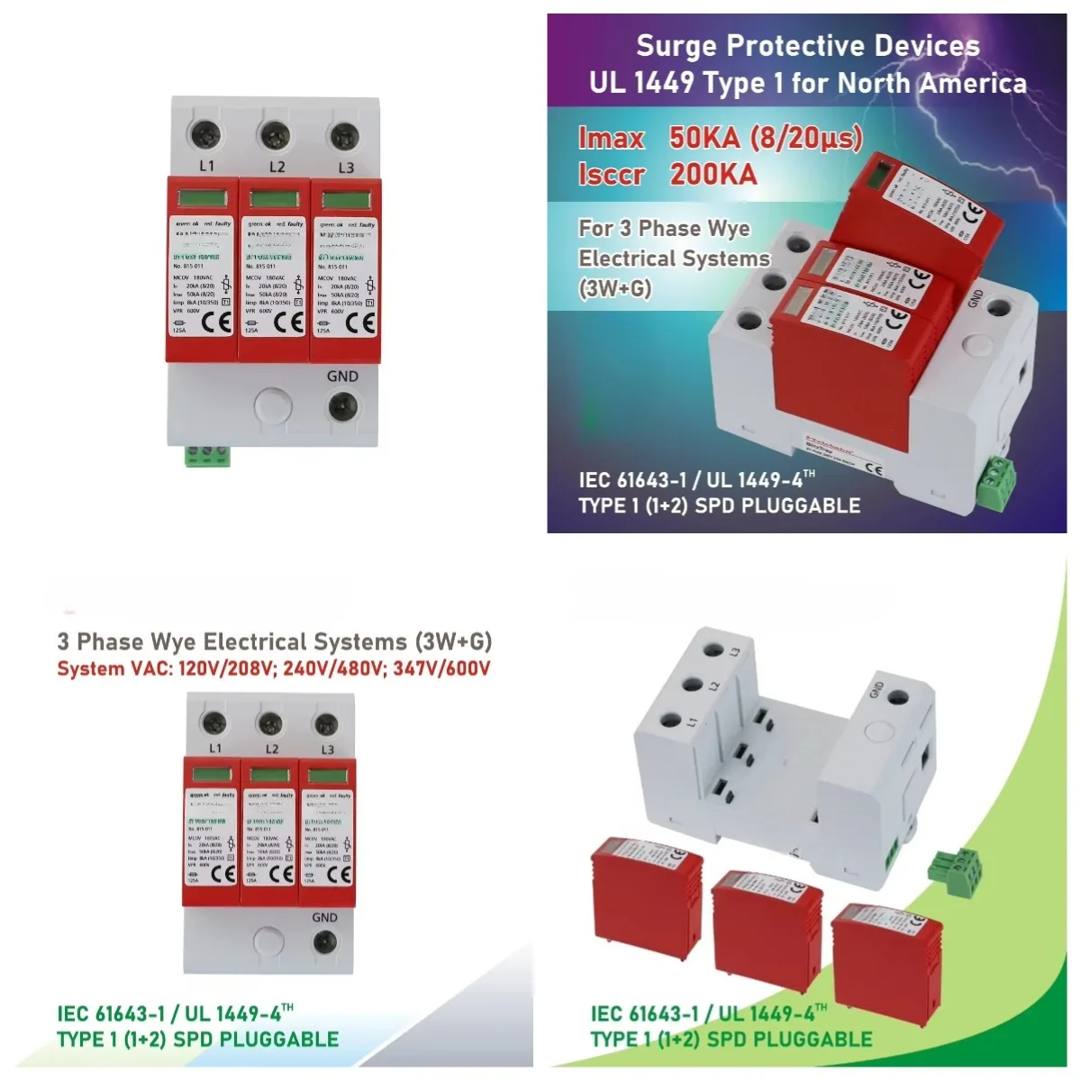 

120V/208V 277V/480V AC Imax50kA SCCR 200kA 3 Phase Wye 3W+G SPD Surge Protection Device