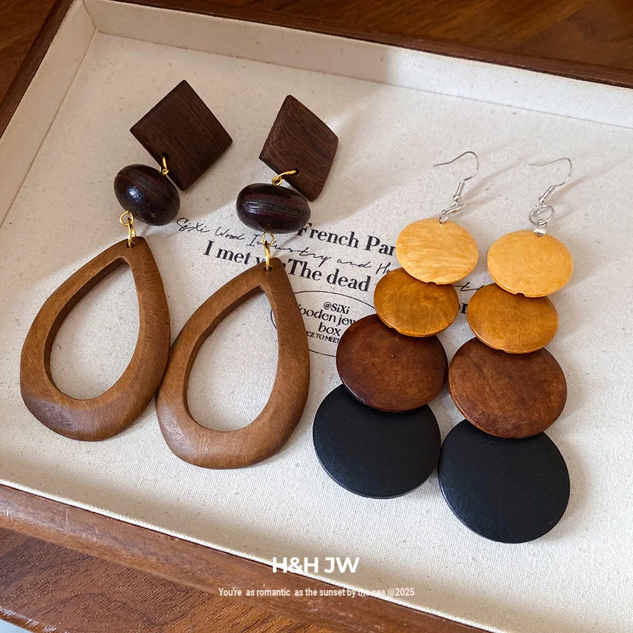 Wood Earrings with Silver Post Ethnic Chinese Minimalist Vintage for Women Lightweight Durable Everyday Unique Gift