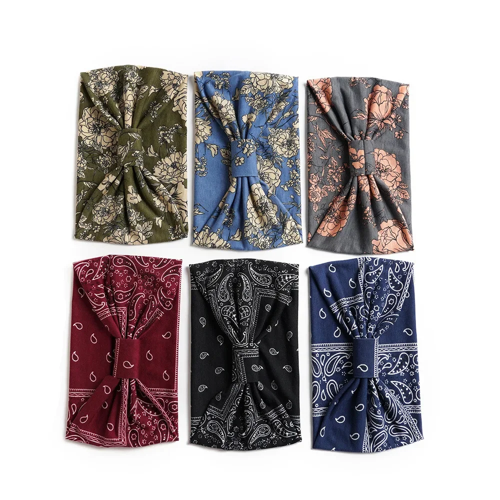 New Boho Flower Print fasce larghe Vintage Knot elastico turbante Headwrap per le donne ragazze cotone morbido Bandana accessori per capelli