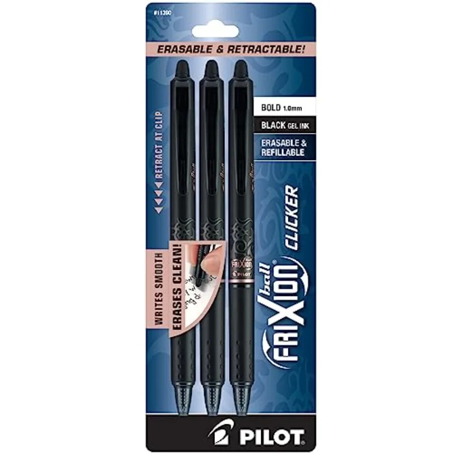 

® FriXion® Ball Clicker Erasable Retractable Gel Pens, Pack of 3, Bold Point, 1.0 mm, Black Barrels, Black Ink